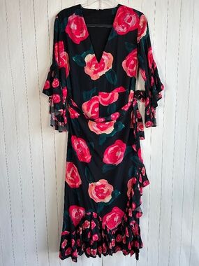 Anthropologie Blank London size M Verona faux wrap long dress black floral ruffl